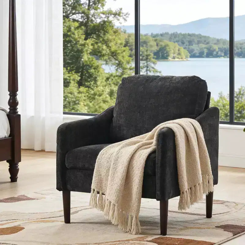 Mid-Century Modern Chenille Accent Chair with Curved Arms, Cushioned Single Sofa Chair for Living Room, Bedroom or Office