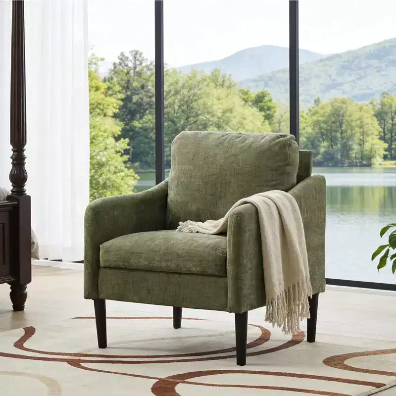 Mid-Century Modern Chenille Accent Chair with Curved Arms, Cushioned Single Sofa Chair for Living Room, Bedroom or Office
