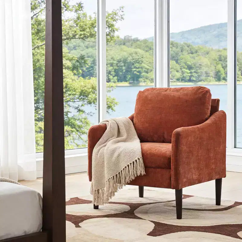 Mid-Century Modern Chenille Accent Chair with Curved Arms, Cushioned Single Sofa Chair for Living Room, Bedroom or Office
