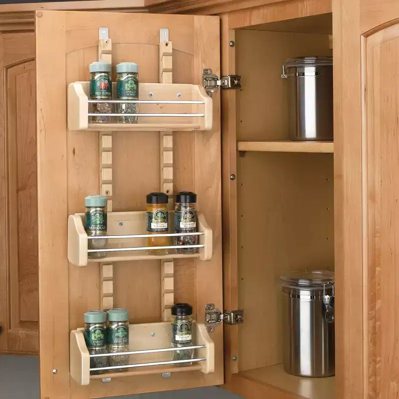 Rev-A-Shelf Pullout Wall Storage Organizer for Kitchen Cabinets, Sliding Door Mounted Spice Rack with 3 Adjustable Shelves, Maple Wood, 4ASR-15