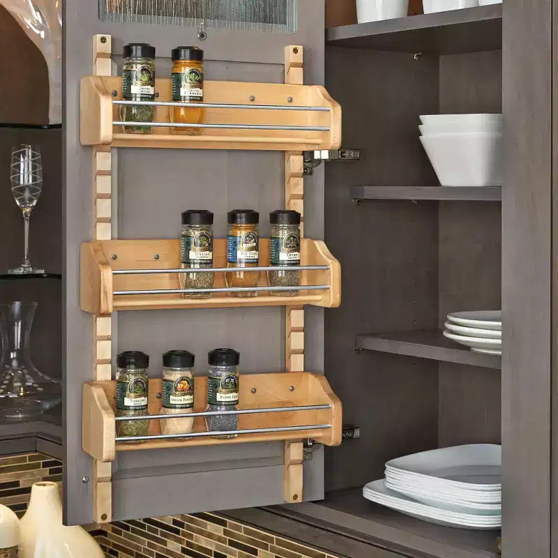 Rev-A-Shelf Pullout Wall Storage Organizer for Kitchen Cabinets, Sliding Door Mounted Spice Rack with 3 Adjustable Shelves, Maple Wood, 4ASR-15
