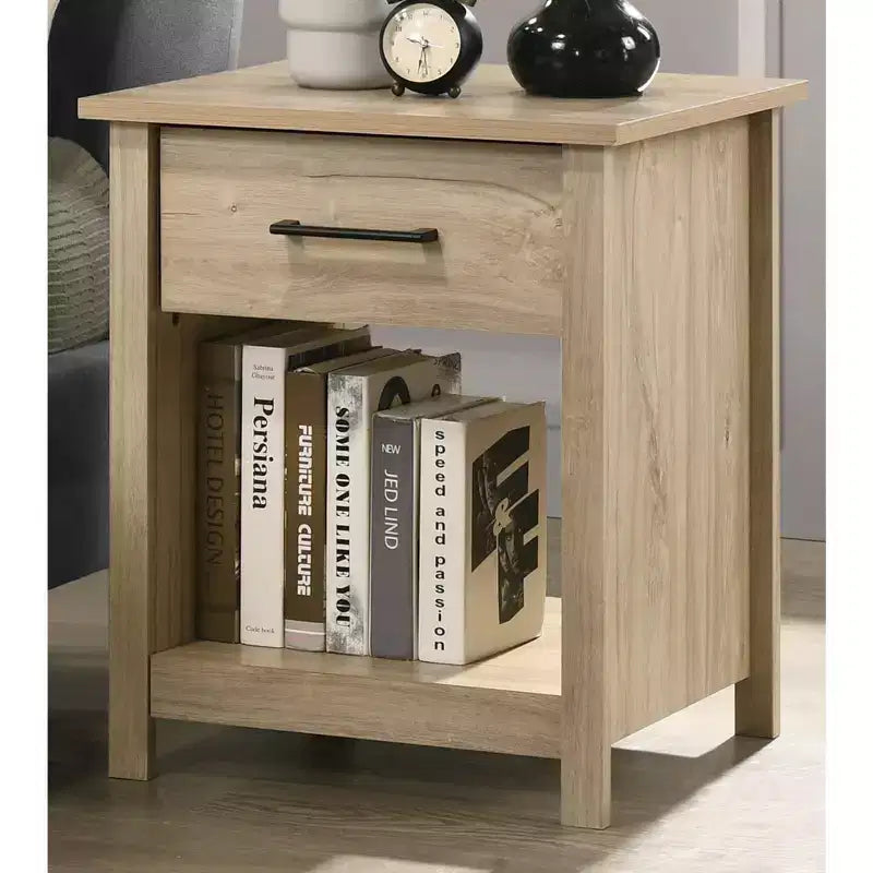 This Celeste 20W Light Oak Finish 1-Drawer Nightstand Bedside Table combines contemporary style with smart storage solutions, creating a space.