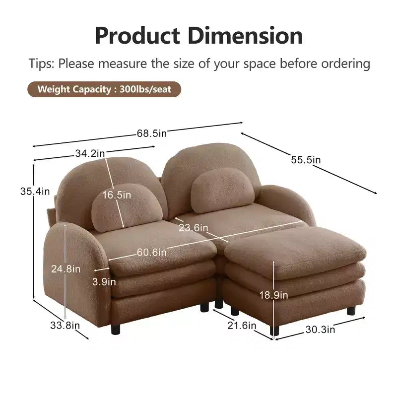 Moderno divano componibile a 2 posti rivestito in tessuto Teddy con cuscini lombari e pouf | Beige / Cammello / Verde / Arancione
