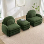 Moderno divano componibile a 2 posti rivestito in tessuto Teddy con cuscini lombari e pouf | Beige / Cammello / Verde / Arancione