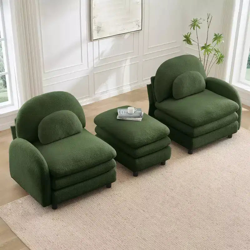 Moderno divano componibile a 2 posti rivestito in tessuto Teddy con cuscini lombari e pouf | Beige / Cammello / Verde / Arancione