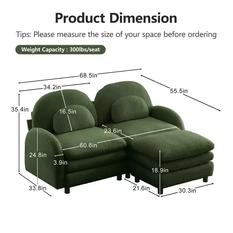 Moderno divano componibile a 2 posti rivestito in tessuto Teddy con cuscini lombari e pouf | Beige / Cammello / Verde / Arancione