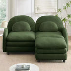 Moderno divano componibile a 2 posti rivestito in tessuto Teddy con cuscini lombari e pouf | Beige / Cammello / Verde / Arancione