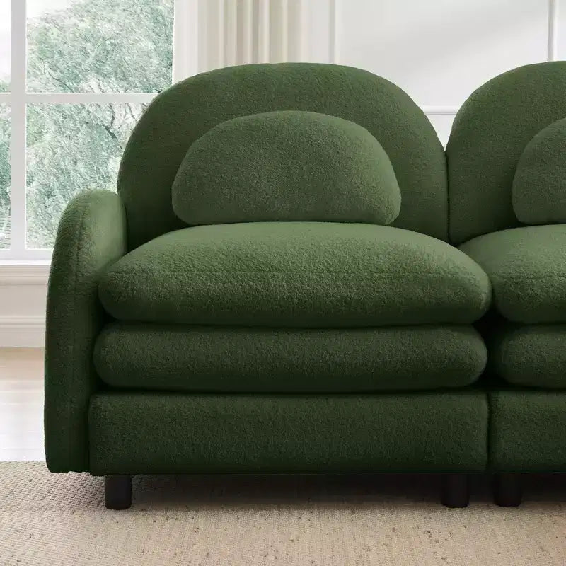 Moderno divano componibile a 2 posti rivestito in tessuto Teddy con cuscini lombari e pouf | Beige / Cammello / Verde / Arancione