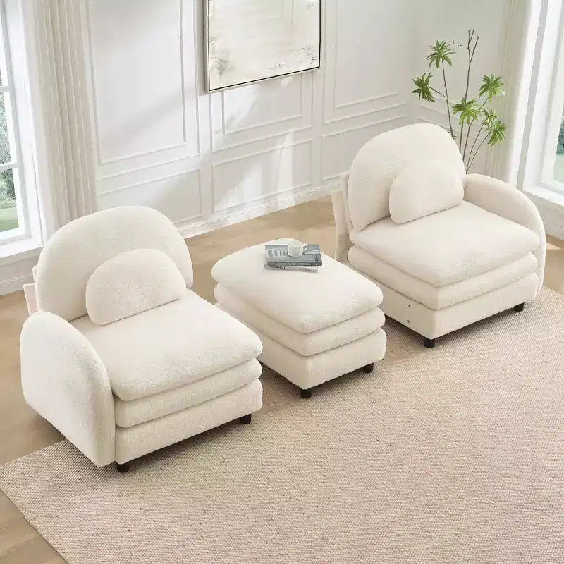Moderno divano componibile a 2 posti rivestito in tessuto Teddy con cuscini lombari e pouf | Beige / Cammello / Verde / Arancione