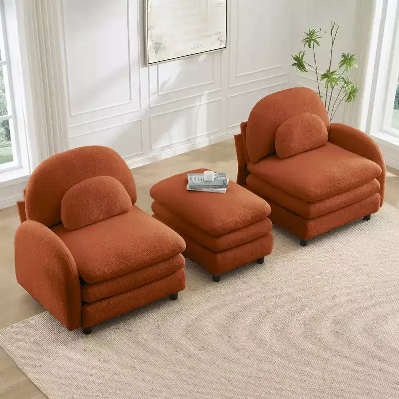 Moderno divano componibile a 2 posti rivestito in tessuto Teddy con cuscini lombari e pouf | Beige / Cammello / Verde / Arancione