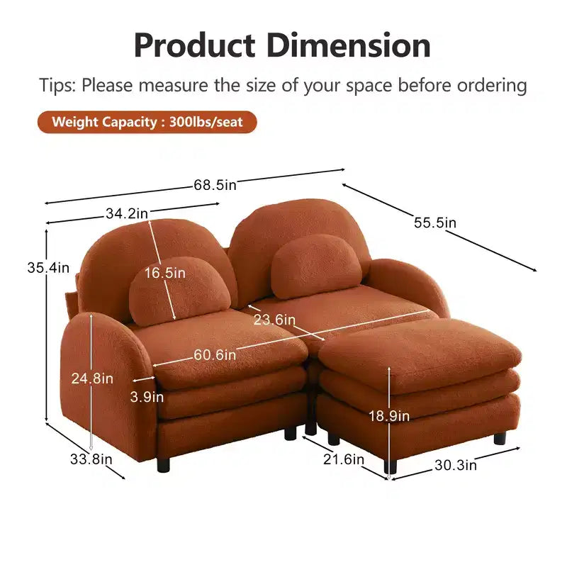 Moderno divano componibile a 2 posti rivestito in tessuto Teddy con cuscini lombari e pouf | Beige / Cammello / Verde / Arancione