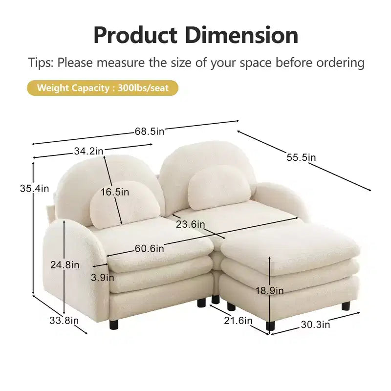 Moderno divano componibile a 2 posti rivestito in tessuto Teddy con cuscini lombari e pouf | Beige / Cammello / Verde / Arancione