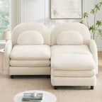 Moderno divano componibile a 2 posti rivestito in tessuto Teddy con cuscini lombari e pouf | Beige / Cammello / Verde / Arancione