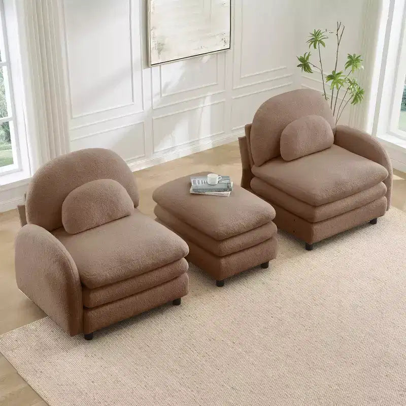 Moderno divano componibile a 2 posti rivestito in tessuto Teddy con cuscini lombari e pouf | Beige / Cammello / Verde / Arancione