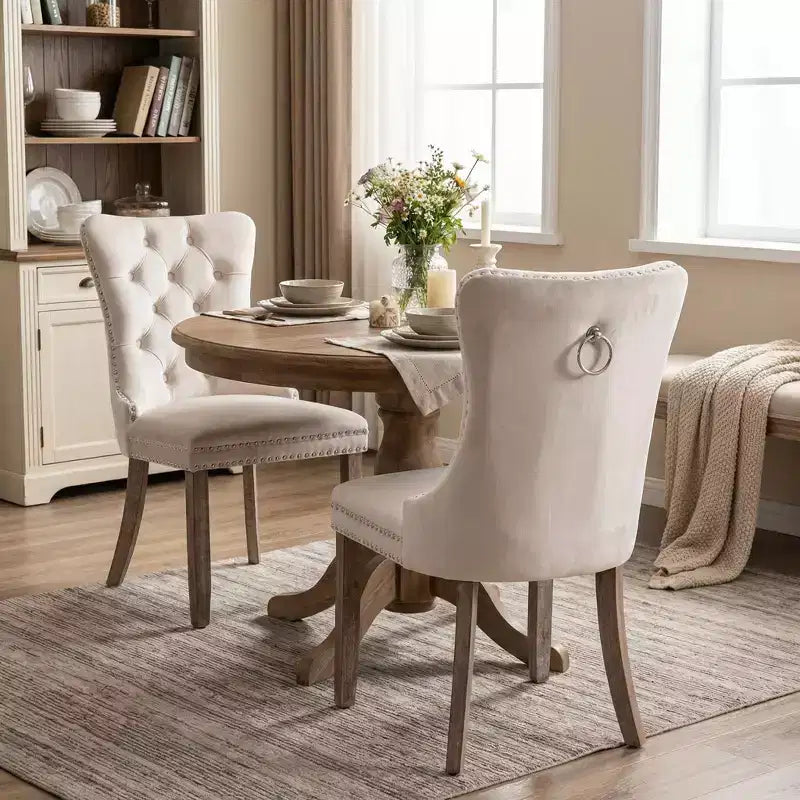 FurnitureR Set of 2 Upholstered Dining Chairs with Tufted Back, Nailhead Trim & Wooden Legs, French Cream Accent Chairs for Dining Room Living Room
