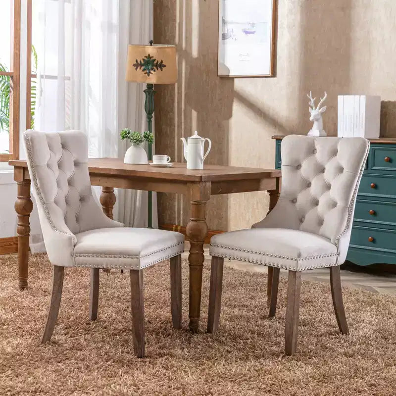 FurnitureR Set of 2 Upholstered Dining Chairs with Tufted Back, Nailhead Trim & Wooden Legs, French Cream Accent Chairs for Dining Room Living Room