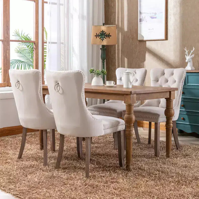 FurnitureR Set of 2 Upholstered Dining Chairs with Tufted Back, Nailhead Trim & Wooden Legs, French Cream Accent Chairs for Dining Room Living Room