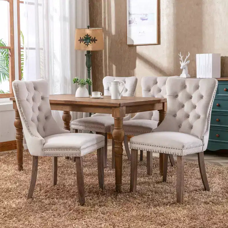 FurnitureR Set of 2 Upholstered Dining Chairs with Tufted Back, Nailhead Trim & Wooden Legs, French Cream Accent Chairs for Dining Room Living Room