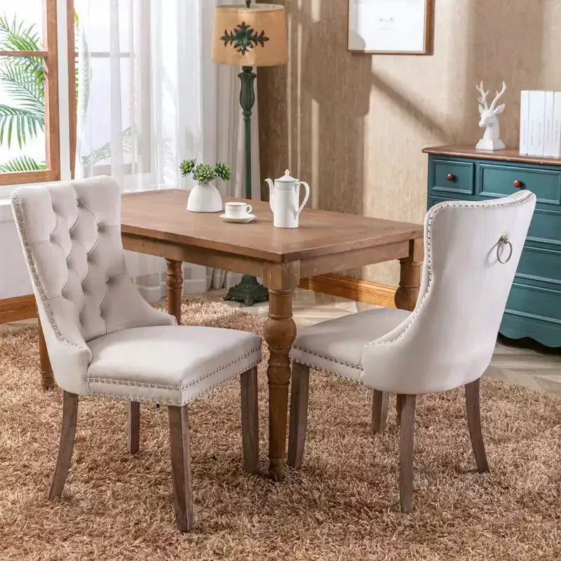 FurnitureR Set of 2 Upholstered Dining Chairs with Tufted Back, Nailhead Trim & Wooden Legs, French Cream Accent Chairs for Dining Room Living Room
