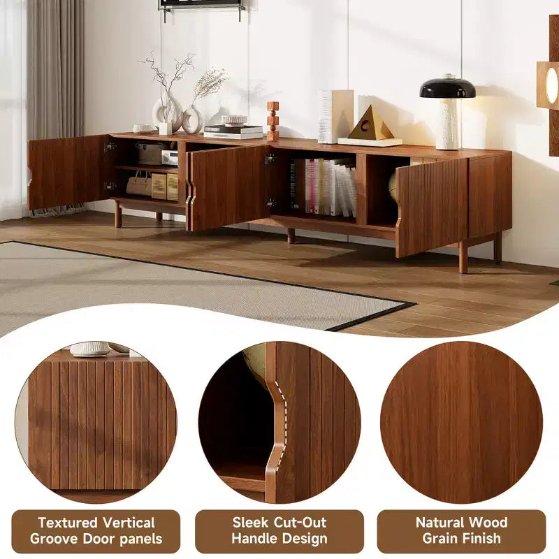 Mobile TV da 87" per TV fino a 90", Consolle TV, Mobiletto TV, Centro di Intrattenimento Multimediale con Ante Scorrevoli a Chiusura Ammortizzata e Gambe in Legno Massello - ModernLuxe