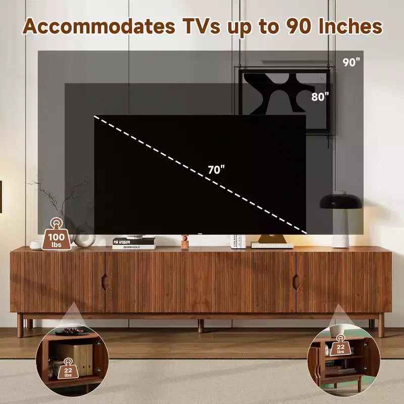 Mobile TV da 87" per TV fino a 90", Consolle TV, Mobiletto TV, Centro di Intrattenimento Multimediale con Ante Scorrevoli a Chiusura Ammortizzata e Gambe in Legno Massello - ModernLuxe