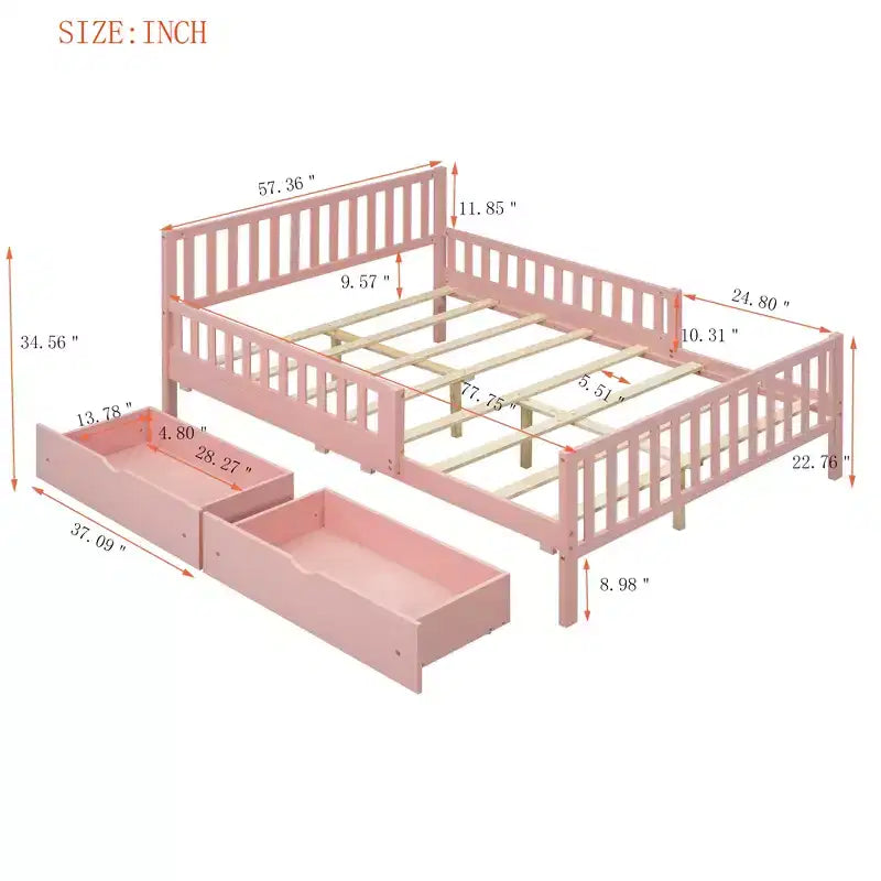 Letto a piattaforma in legno massiccio con sponde di sicurezza e 2 cassetti contenitori, rosa