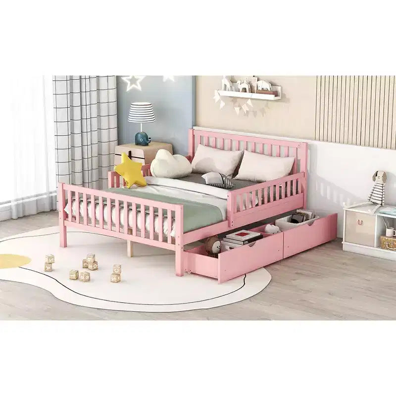 Letto a piattaforma in legno massiccio con sponde di sicurezza e 2 cassetti contenitori, rosa
