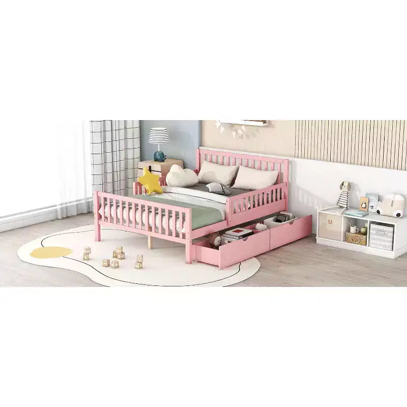 Letto a piattaforma in legno massiccio con sponde di sicurezza e 2 cassetti contenitori, rosa