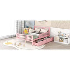 Letto a piattaforma in legno massiccio con sponde di sicurezza e 2 cassetti contenitori, rosa