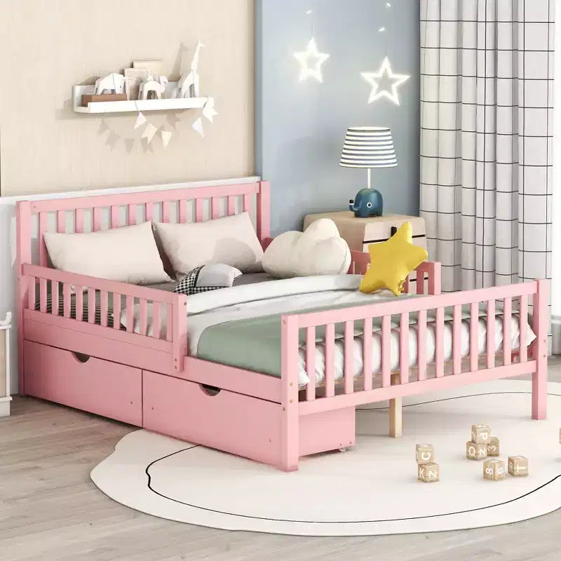 Letto a piattaforma in legno massiccio con sponde di sicurezza e 2 cassetti contenitori, rosa