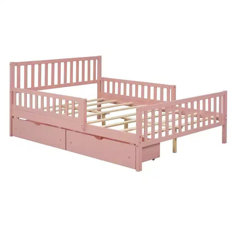 Letto a piattaforma in legno massiccio con sponde di sicurezza e 2 cassetti contenitori, rosa