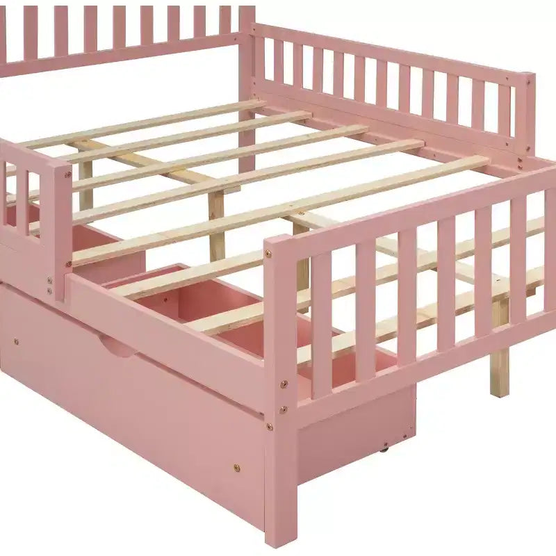 Letto a piattaforma in legno massiccio con sponde di sicurezza e 2 cassetti contenitori, rosa