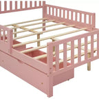 Letto a piattaforma in legno massiccio con sponde di sicurezza e 2 cassetti contenitori, rosa