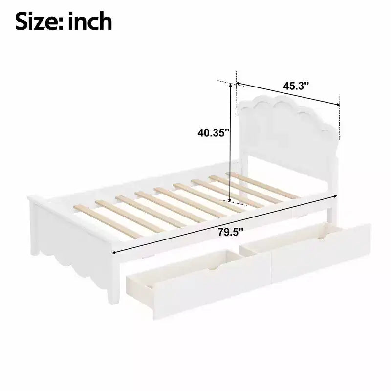 Letto a piattaforma moderno Luxystar con testiera e 2 cassetti, bianco