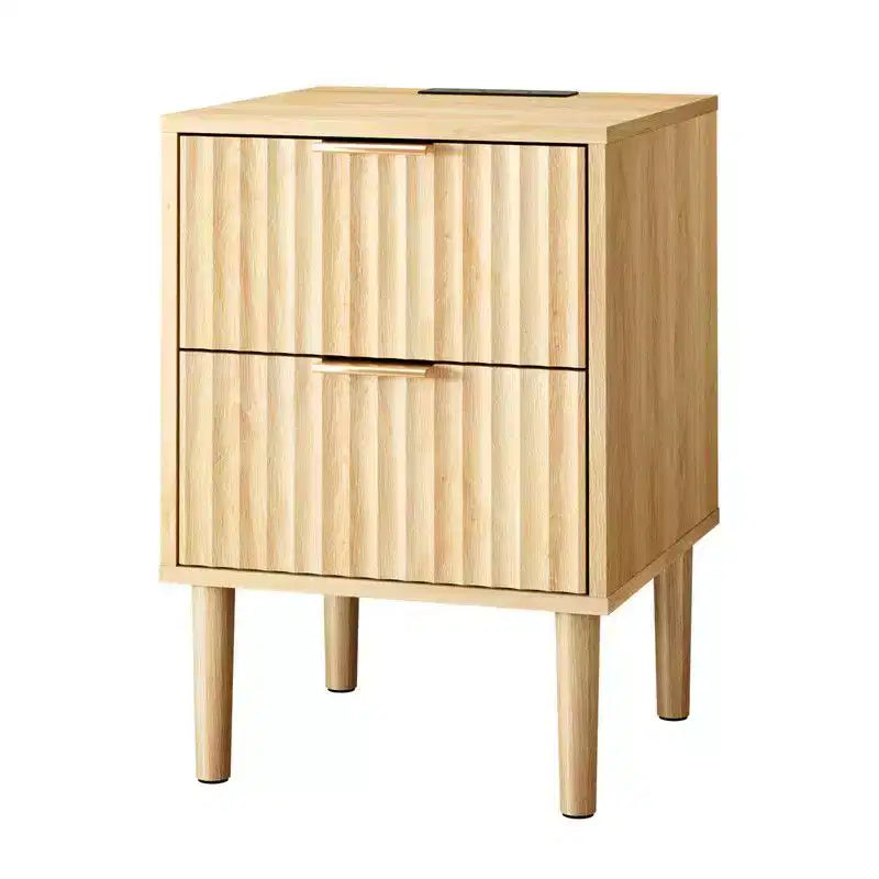 Comodino Karl Home da 39.8 cm, Rovere, MDF P2 da 15MM, Melaminico e Termoformato, 2 Cassetti, Presa USA (1USB+1TYPE C+2AC)