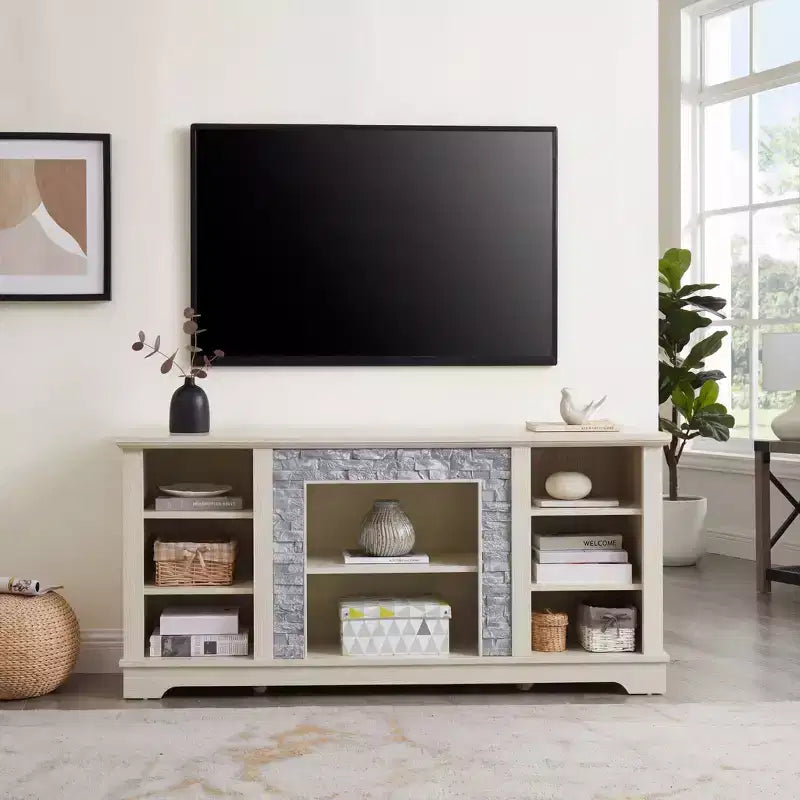 JVNOXK Mobile TV con camino elettrico e finto rivestimento in pietra impilata, con vano portaoggetti aperto, BIANCO, 58.31W*15.39D*26.06H