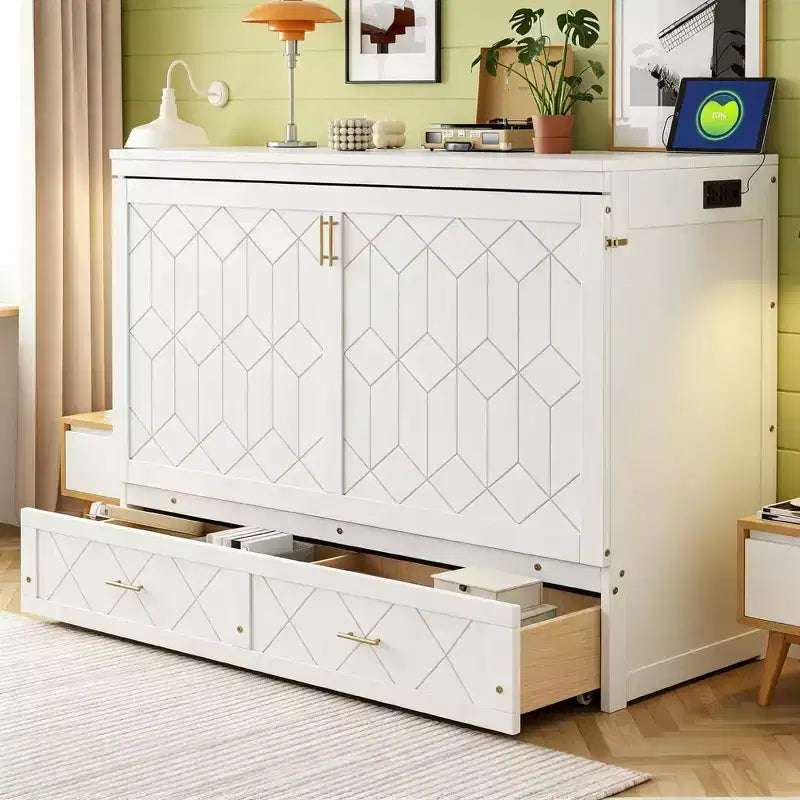 Luxystar Armadio Letto a Scomparsa Moderno Queen con Cassetti, Blocco di Sicurezza e Presa Elettrica