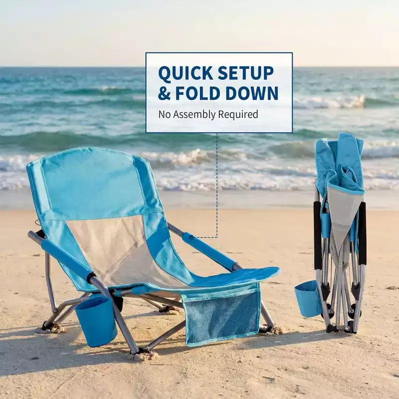 Sedie da Spiaggia Pieghevoli Portatili, Sedia Leggera con Seduta Extra Larga con Portabicchieri, Tasca Portaoggetti e Borsa da Trasporto per Campeggio, Spiaggia, Viaggi