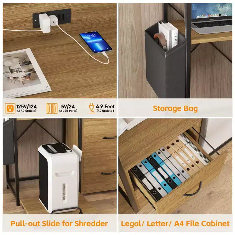 Schedario Mobile a 2 Cassetti con Ciabatta Integrata, Ampio Supporto per Stampante per Ufficio Domestico, Adatto per Formato Lettera/A4, Contenitore Utilitario con Ripiano Aperto