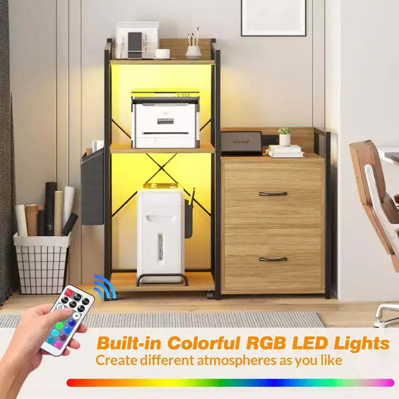 Schedario Mobile a 2 Cassetti con Ciabatta Integrata, Ampio Supporto per Stampante per Ufficio Domestico, Adatto per Formato Lettera/A4, Contenitore Utilitario con Ripiano Aperto