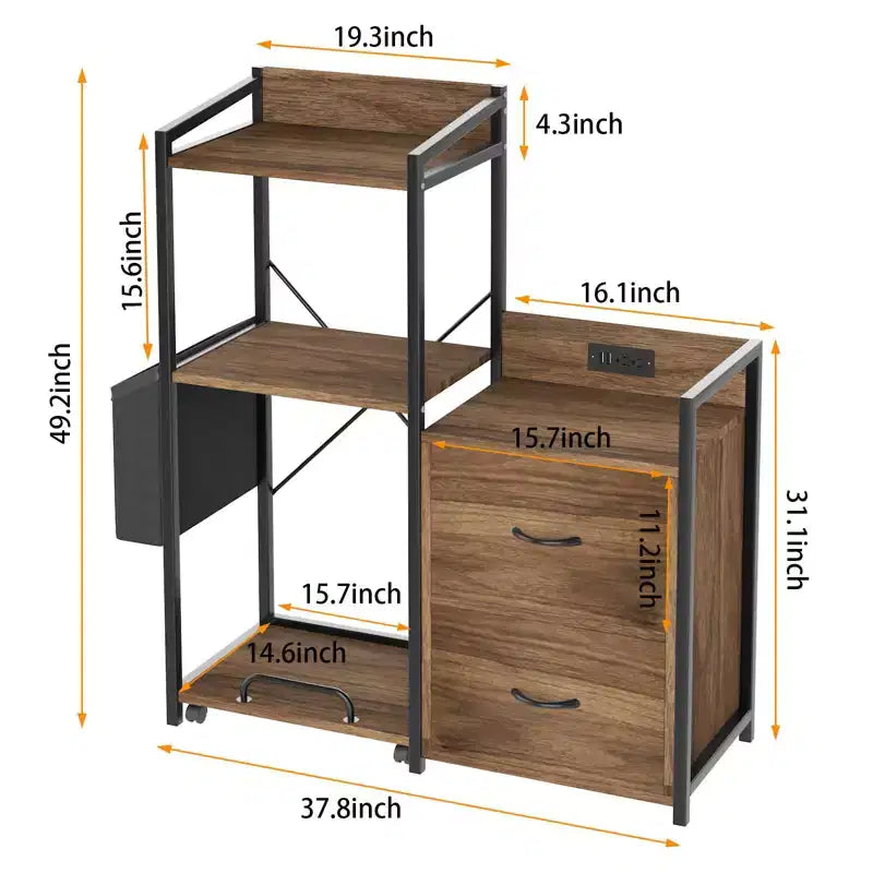Schedario Mobile a 2 Cassetti con Ciabatta Integrata, Ampio Supporto per Stampante per Ufficio Domestico, Adatto per Formato Lettera/A4, Contenitore Utilitario con Ripiano Aperto