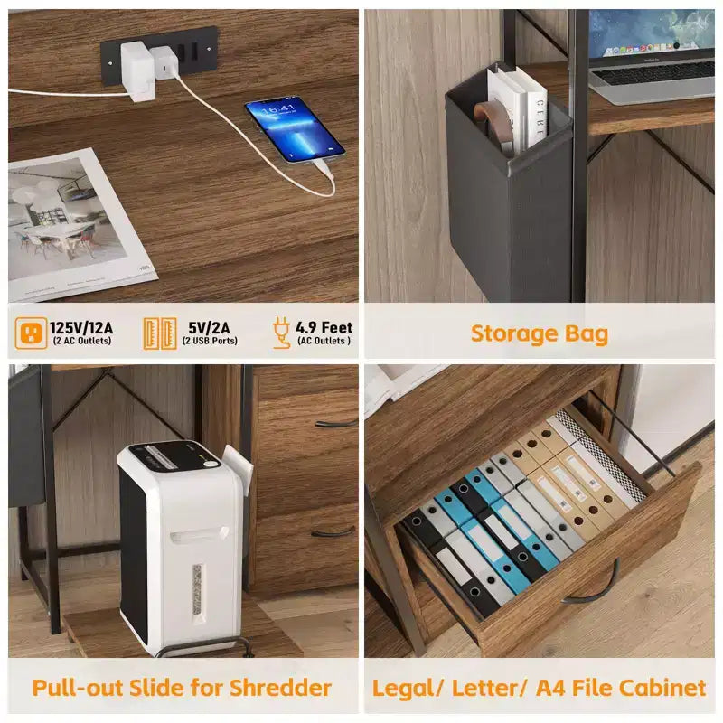 Schedario Mobile a 2 Cassetti con Ciabatta Integrata, Ampio Supporto per Stampante per Ufficio Domestico, Adatto per Formato Lettera/A4, Contenitore Utilitario con Ripiano Aperto