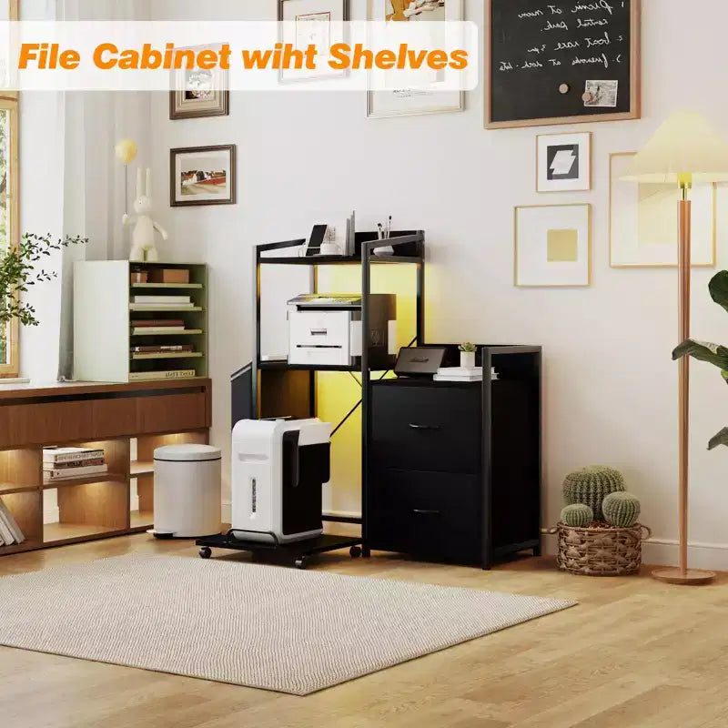 Schedario Mobile a 2 Cassetti con Ciabatta Integrata, Ampio Supporto per Stampante per Ufficio Domestico, Adatto per Formato Lettera/A4, Contenitore Utilitario con Ripiano Aperto