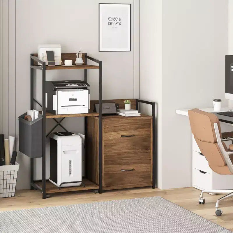 Schedario Mobile a 2 Cassetti con Ciabatta Integrata, Ampio Supporto per Stampante per Ufficio Domestico, Adatto per Formato Lettera/A4, Contenitore Utilitario con Ripiano Aperto