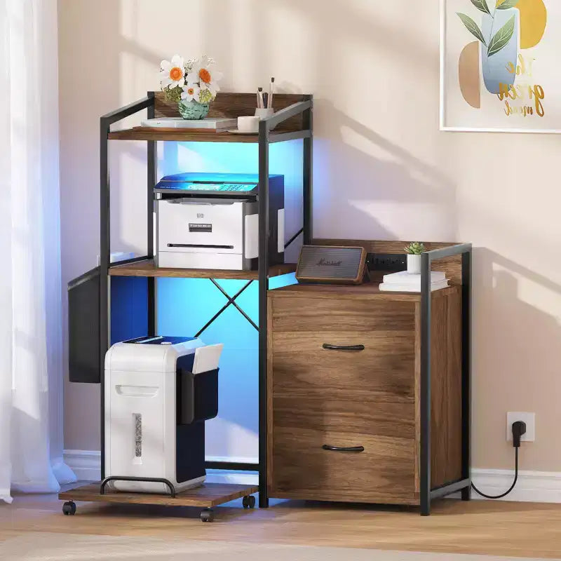 Schedario Mobile a 2 Cassetti con Ciabatta Integrata, Ampio Supporto per Stampante per Ufficio Domestico, Adatto per Formato Lettera/A4, Contenitore Utilitario con Ripiano Aperto