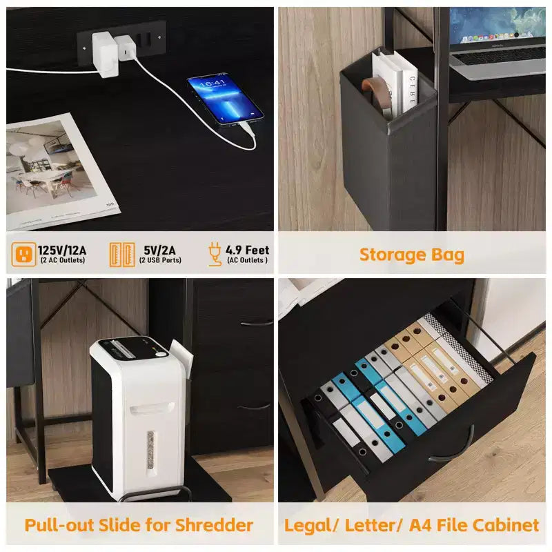 Schedario Mobile a 2 Cassetti con Ciabatta Integrata, Ampio Supporto per Stampante per Ufficio Domestico, Adatto per Formato Lettera/A4, Contenitore Utilitario con Ripiano Aperto