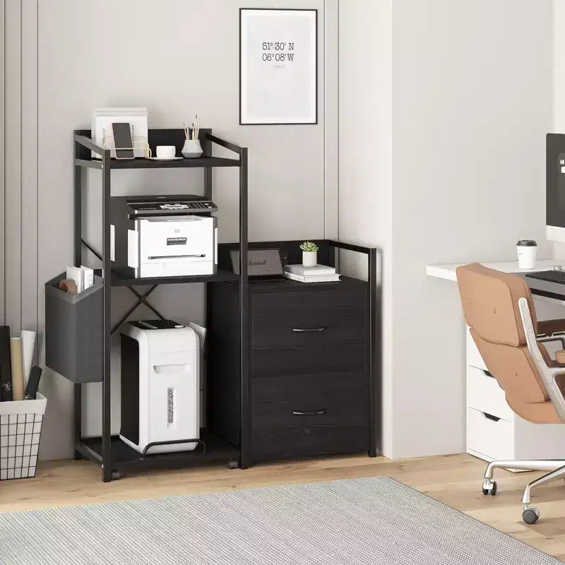 Schedario Mobile a 2 Cassetti con Ciabatta Integrata, Ampio Supporto per Stampante per Ufficio Domestico, Adatto per Formato Lettera/A4, Contenitore Utilitario con Ripiano Aperto