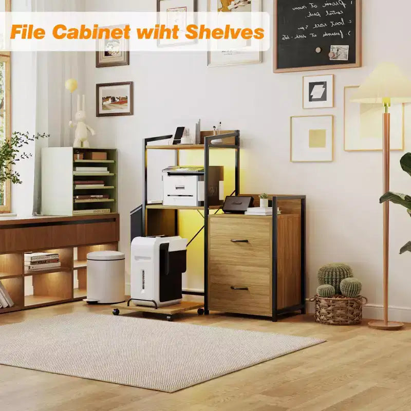 Schedario Mobile a 2 Cassetti con Ciabatta Integrata, Ampio Supporto per Stampante per Ufficio Domestico, Adatto per Formato Lettera/A4, Contenitore Utilitario con Ripiano Aperto
