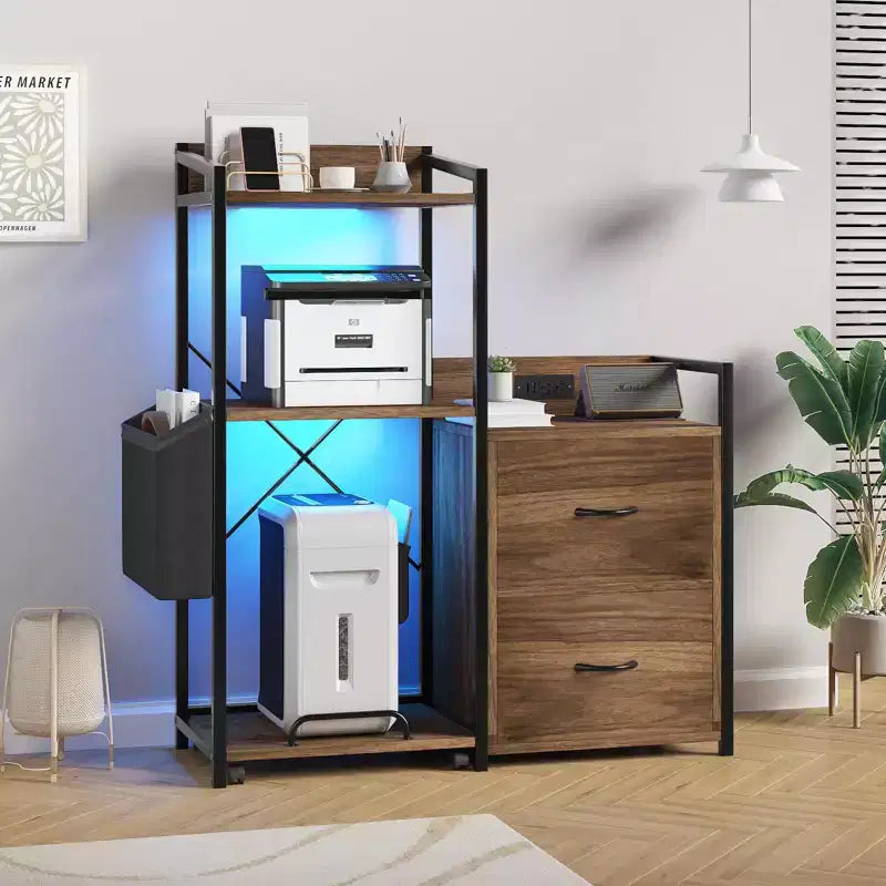 Schedario Mobile a 2 Cassetti con Ciabatta Integrata, Ampio Supporto per Stampante per Ufficio Domestico, Adatto per Formato Lettera/A4, Contenitore Utilitario con Ripiano Aperto