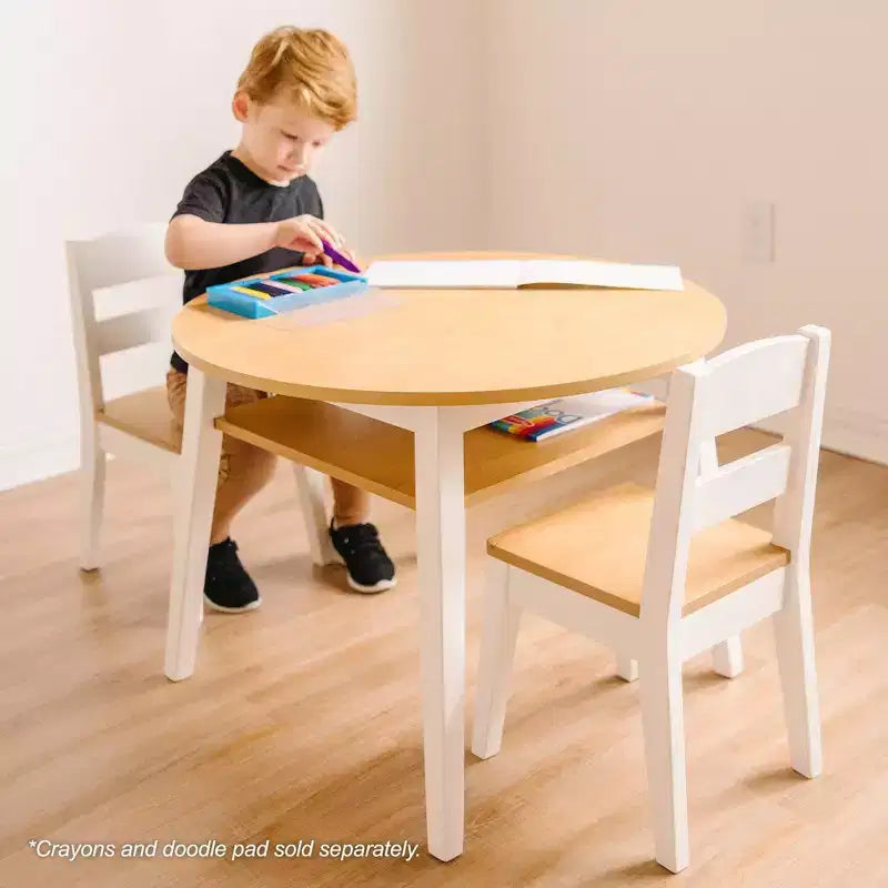 Melissa & Doug Wooden Round Table and 2 Chairs Set – Light Woodgrain and White 2-Tone Finish
